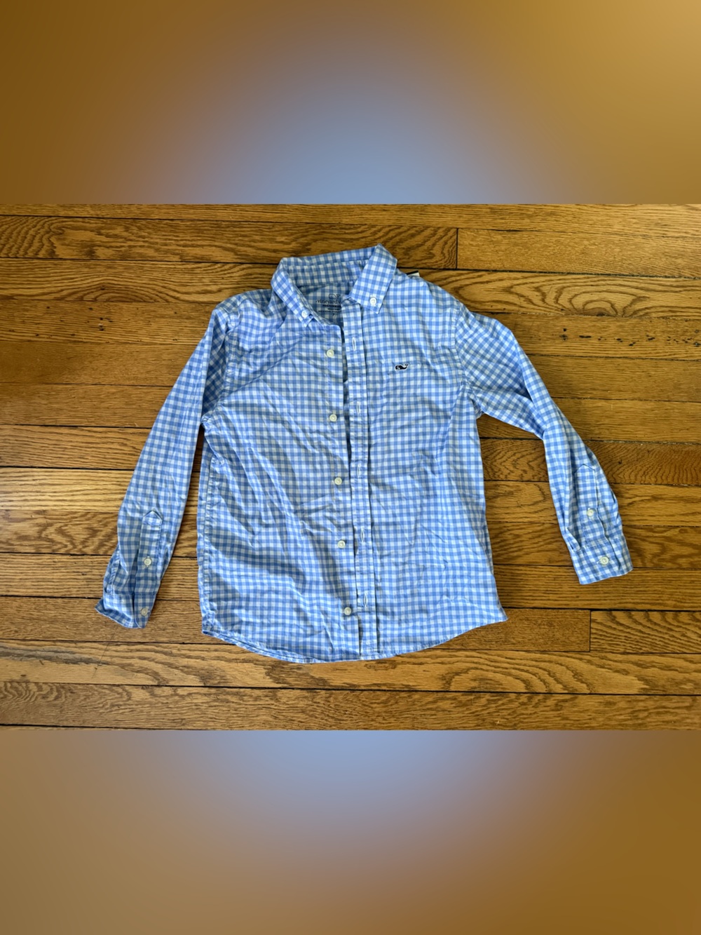 Vineyard Vines Blue and White Gingham Whale Shirt - Size 7